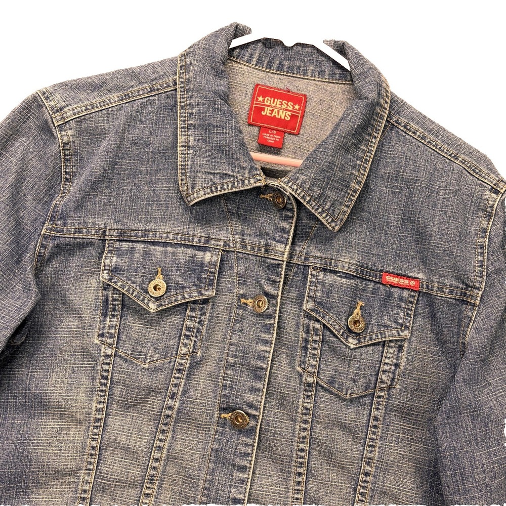 Guess Jeans‎ Denim Trucker Jacket Womens Large Blue Cropped Button Front Logo
